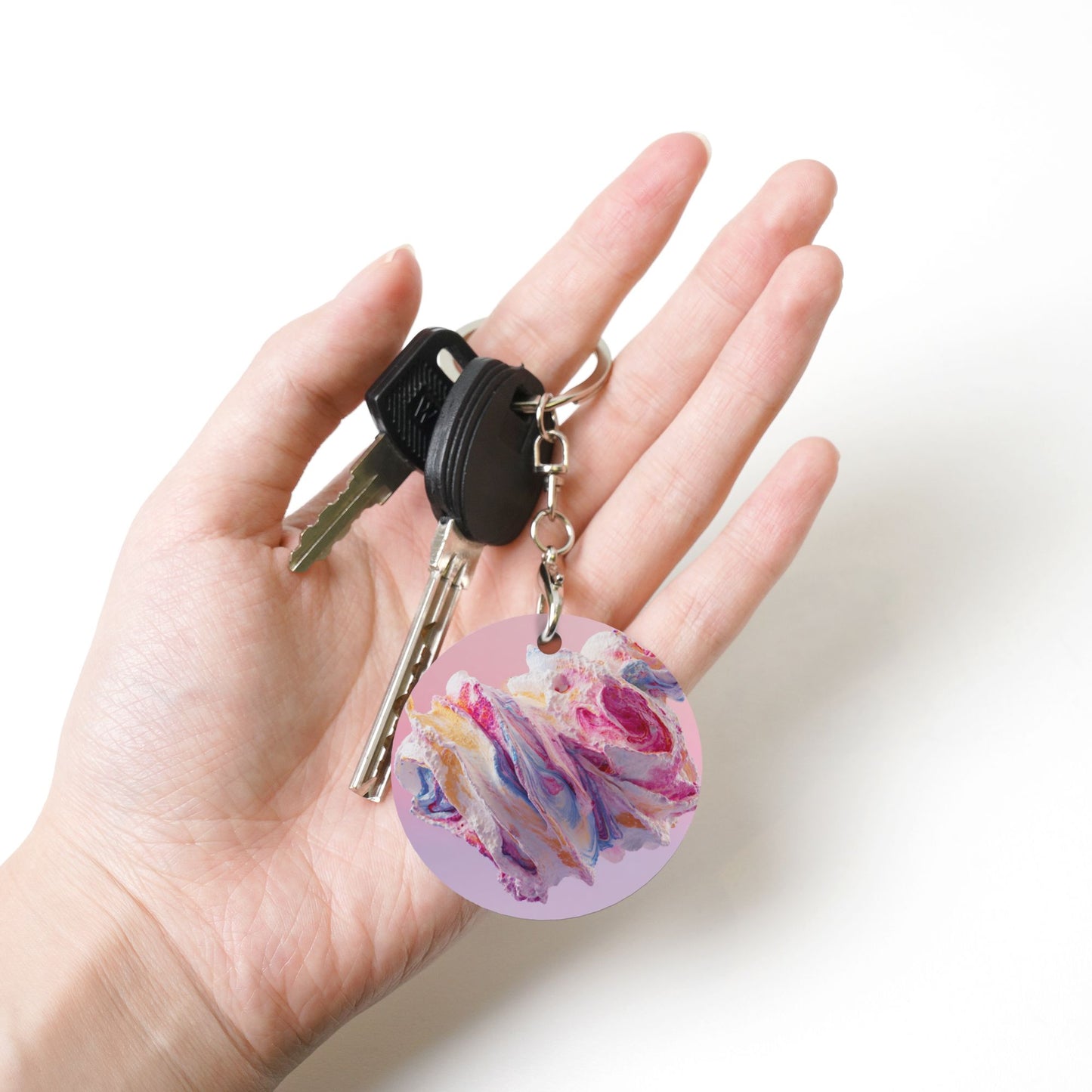 Dreamy Pink Painted Art Round Metal Keychain (Approx. 7cm×5cm×3cm in Size )