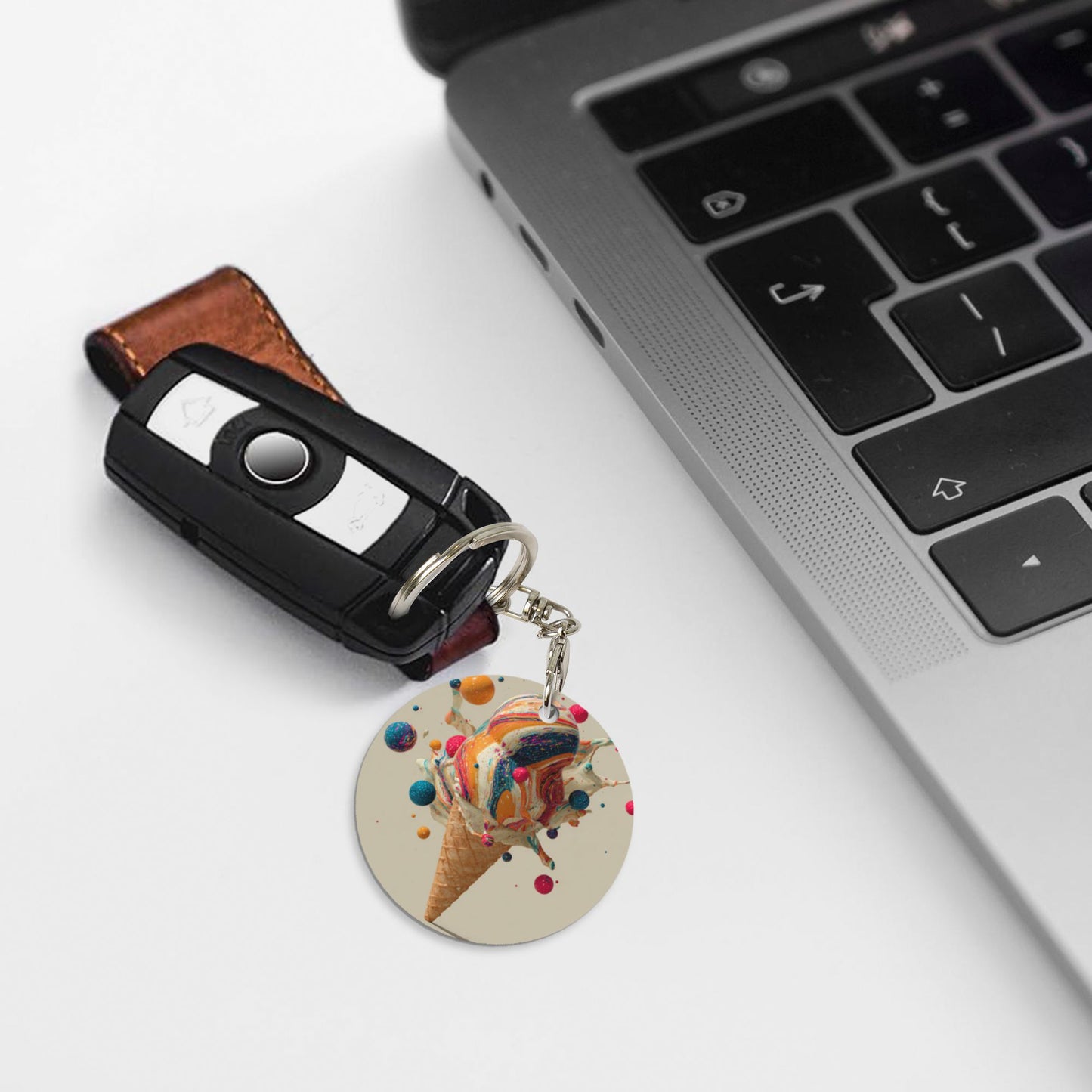 Colorful Ice - Cream Art Round Metal Keychain (Approx. 7cm×5cm×3cm in Size )