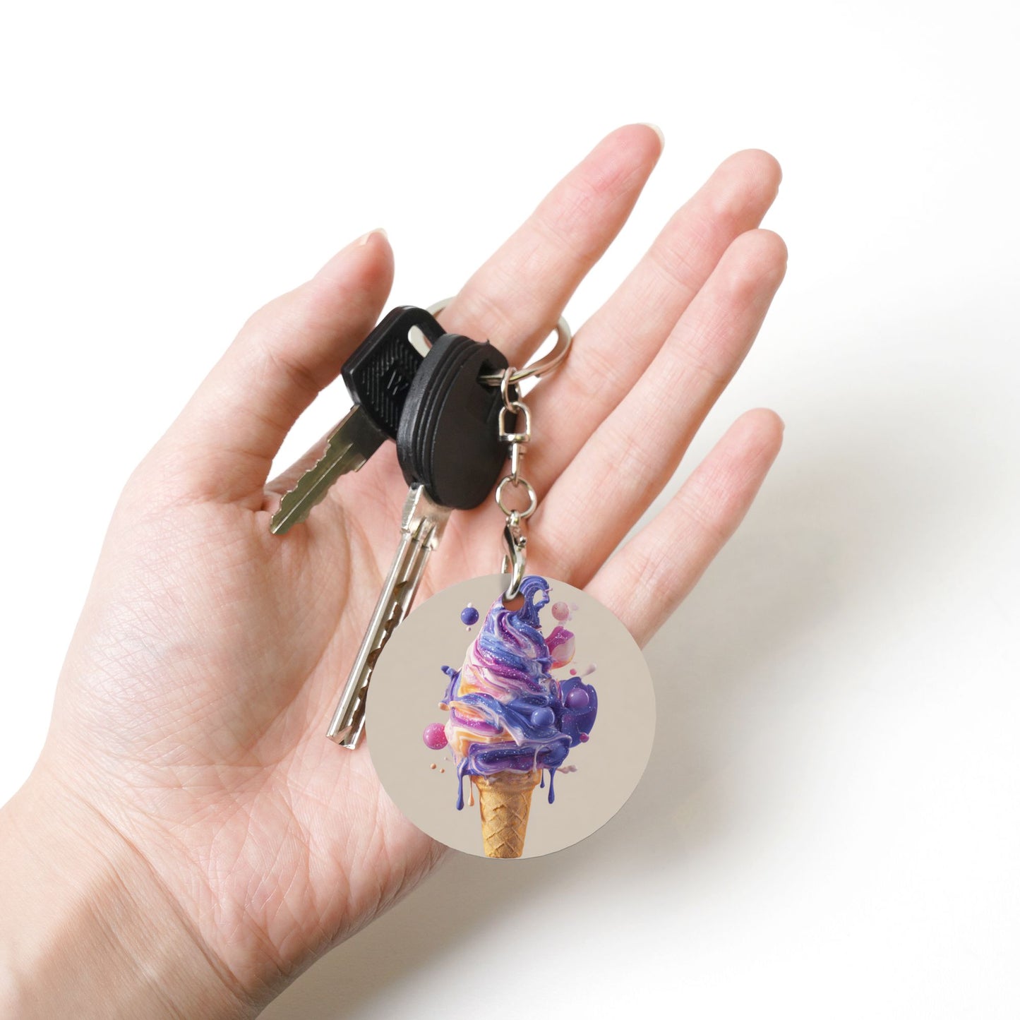 Dreamy Purple Ice - Cream Round Metal Keychain (Approx. 7cm×5cm×3cm )