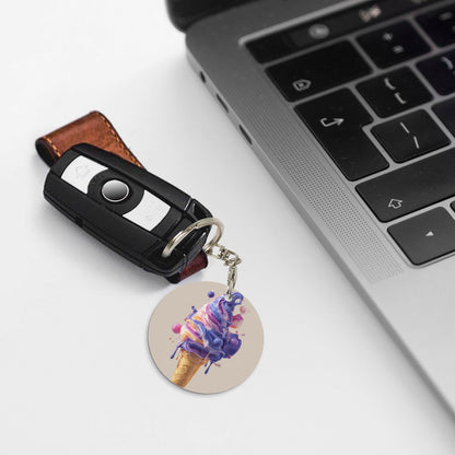Dreamy Purple Ice - Cream Round Metal Keychain (Approx. 7cm×5cm×3cm )