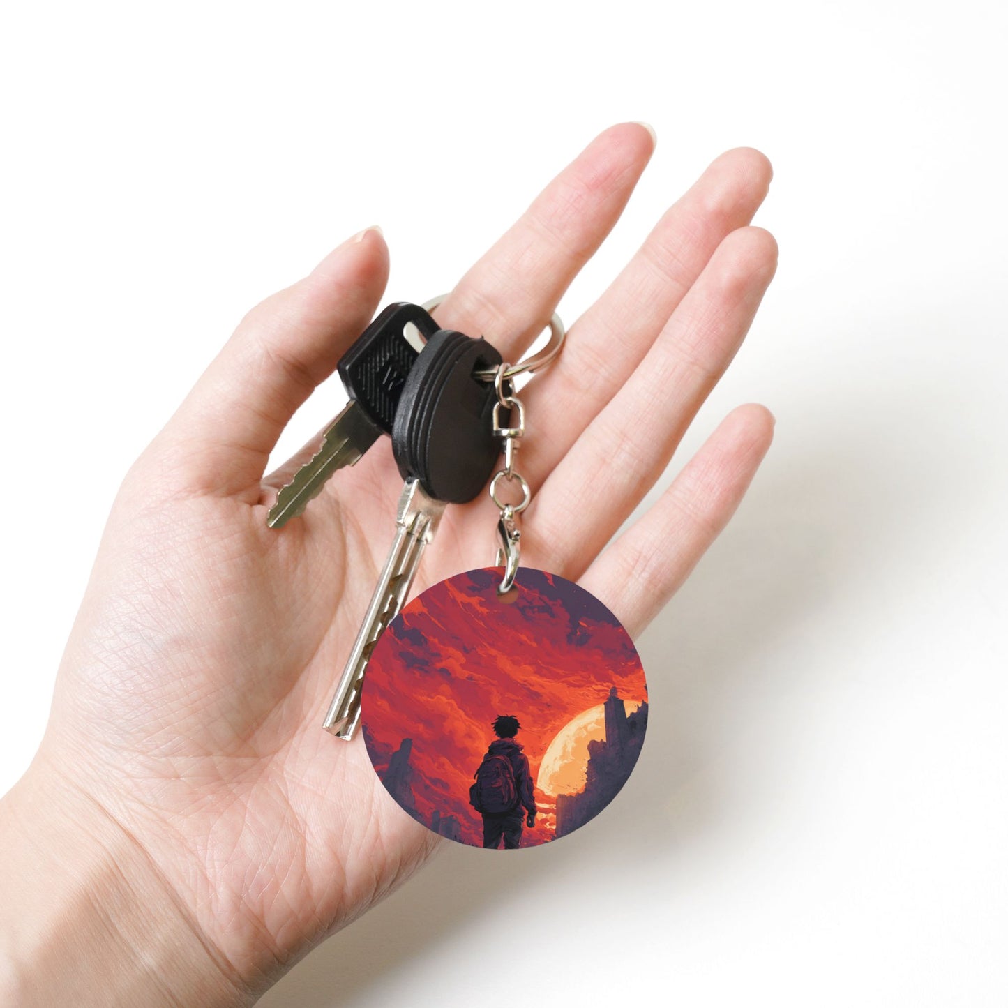 Sunset Silhouette - Themed Round Metal Keychain (Approx. 7cm×5cm×3cm )