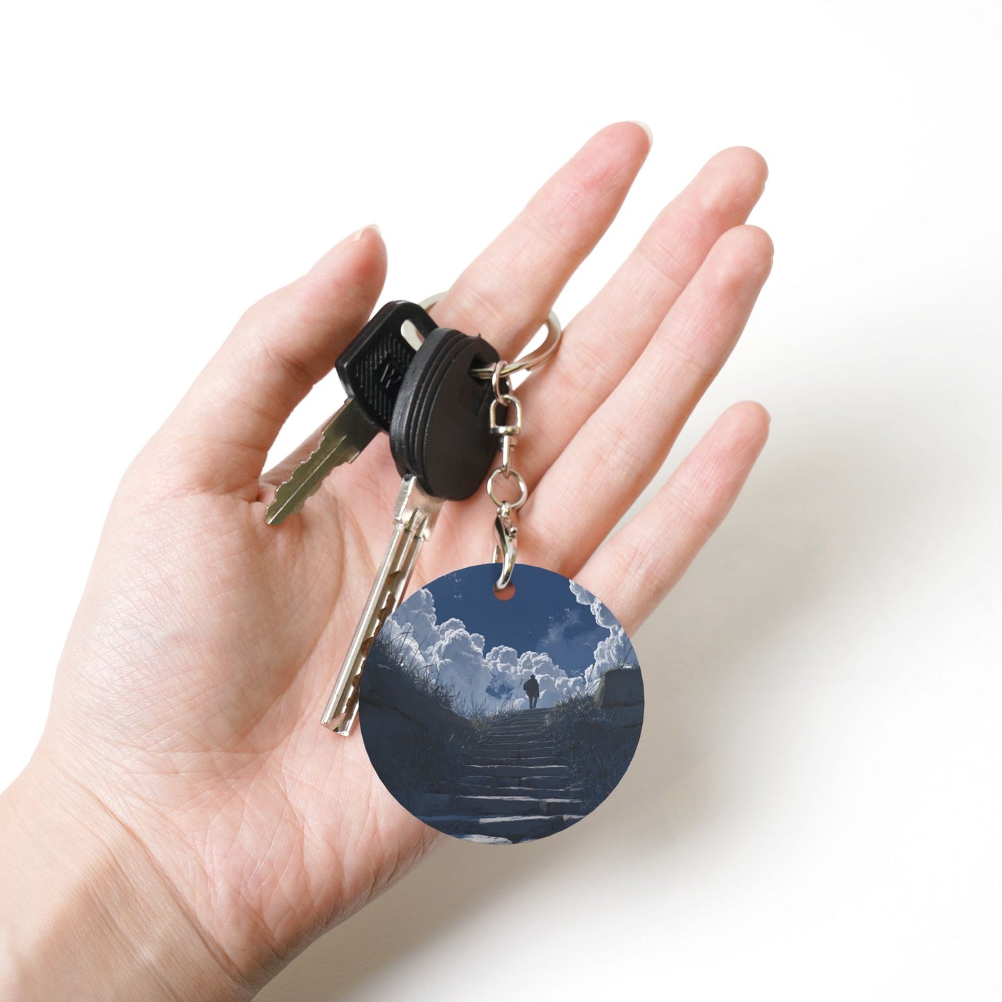 Ladder - to - Clouds Artistic Round Metal Keychain (Approx. 7cm×5cm×3cm )