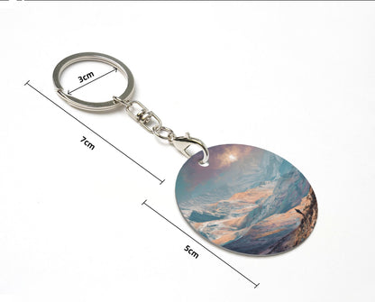 Poetic Mountains and Rivers Round Metal Keychain (Approx. 7cm×5cm×3cm )